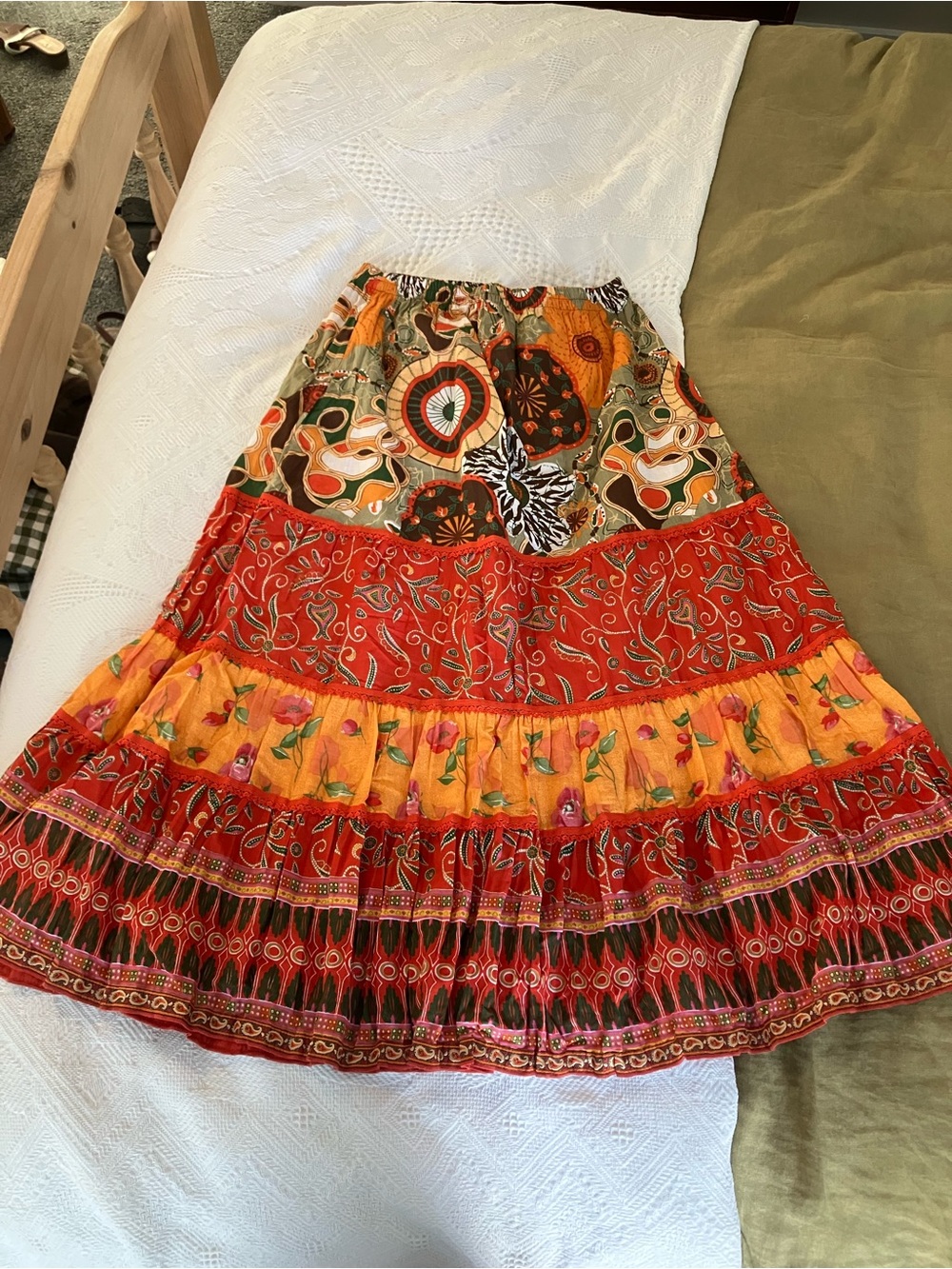 Vintage Multicolor Tiered Maxi Skirt - Red, Orange, Yellow, Green, Brown